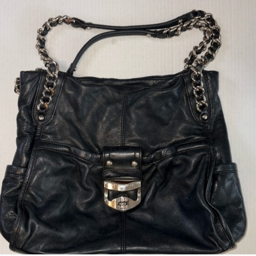 Black Leather Chain-Handle Women’s Shoulder Bag